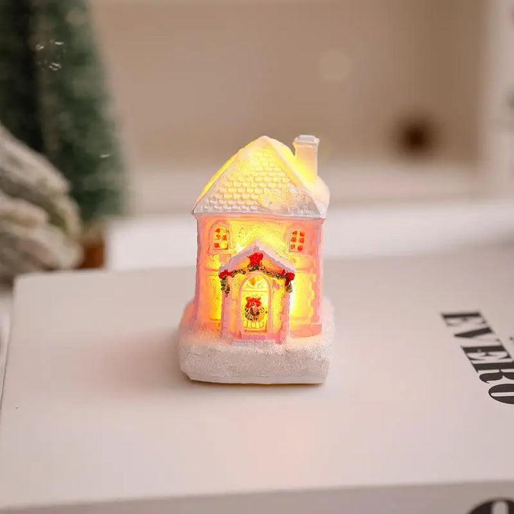 Christmas Decorations Resin Small House Light Up Village House Figurines Cartoon Table Ornament For Holiday Gift Cute Christmas