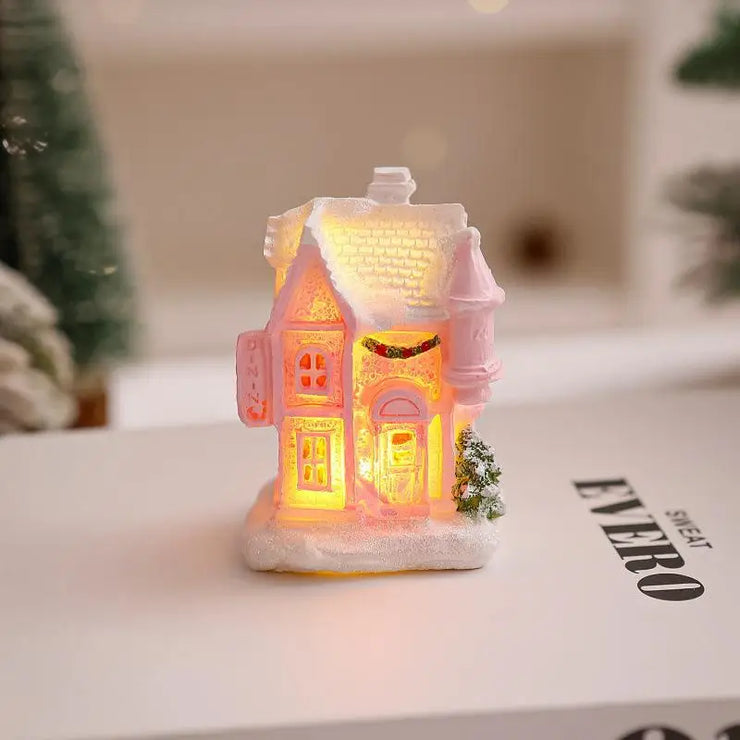 Christmas Decorations Resin Small House Light Up Village House Figurines Cartoon Table Ornament For Holiday Gift Cute Christmas