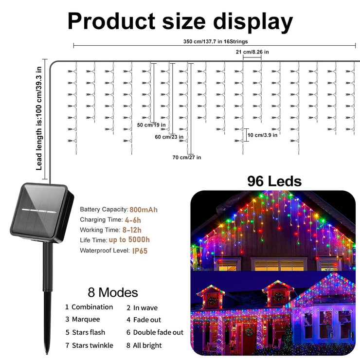 NEW 162/96LED Solar Icicle Outdoor Christmas Lights 8 Modes Waterproof Fairy Lights for Home Party Halloween Holiday Decoration