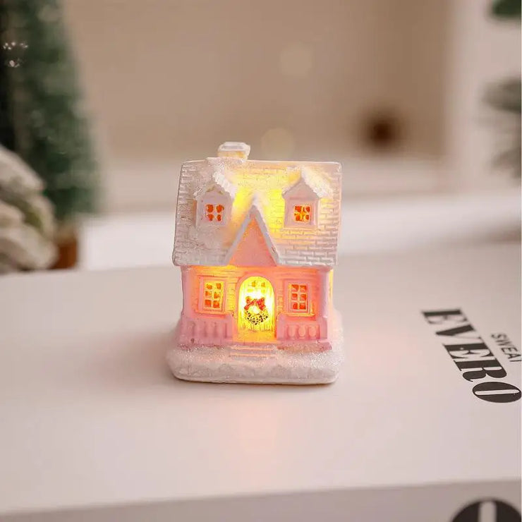 Christmas Decorations Resin Small House Light Up Village House Figurines Cartoon Table Ornament For Holiday Gift Cute Christmas
