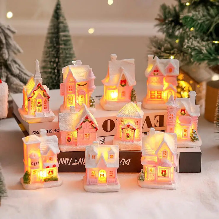Christmas Decorations Resin Small House Light Up Village House Figurines Cartoon Table Ornament For Holiday Gift Cute Christmas