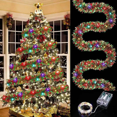 1pc Christmas Tinsel Garland Metallic Shiny Garland With LED Lights Christmas Tree Garland Thick Hanging Suitable For Home Decor