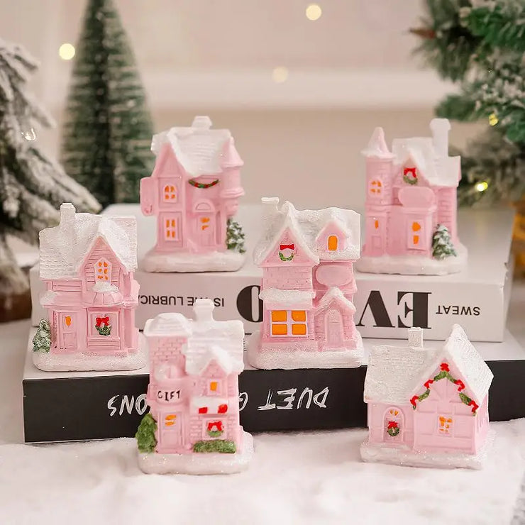 Christmas Decorations Resin Small House Light Up Village House Figurines Cartoon Table Ornament For Holiday Gift Cute Christmas