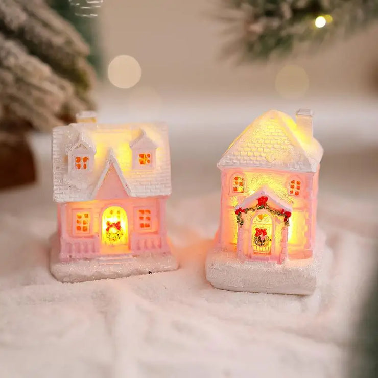 Christmas Decorations Resin Small House Light Up Village House Figurines Cartoon Table Ornament For Holiday Gift Cute Christmas
