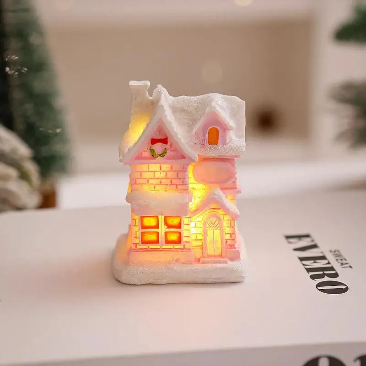 Christmas Decorations Resin Small House Light Up Village House Figurines Cartoon Table Ornament For Holiday Gift Cute Christmas