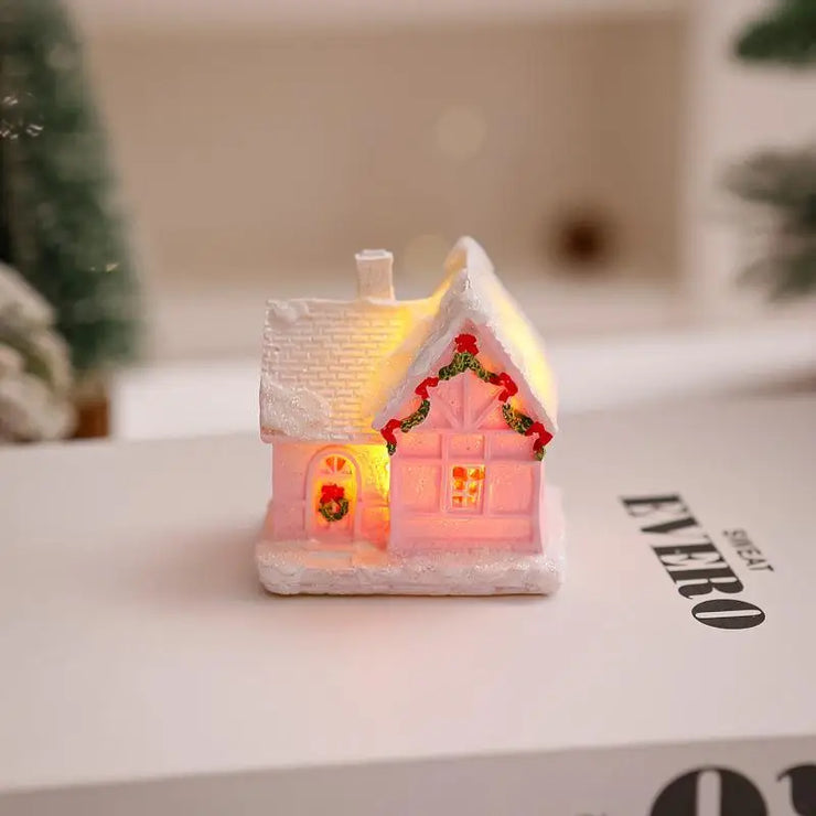 Christmas Decorations Resin Small House Light Up Village House Figurines Cartoon Table Ornament For Holiday Gift Cute Christmas
