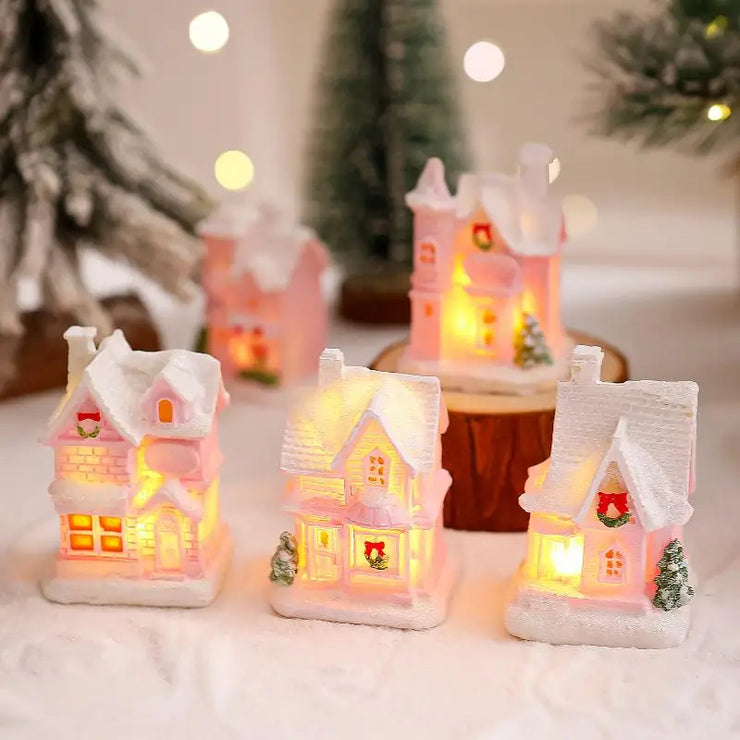 Christmas Decorations Resin Small House Light Up Village House Figurines Cartoon Table Ornament For Holiday Gift Cute Christmas