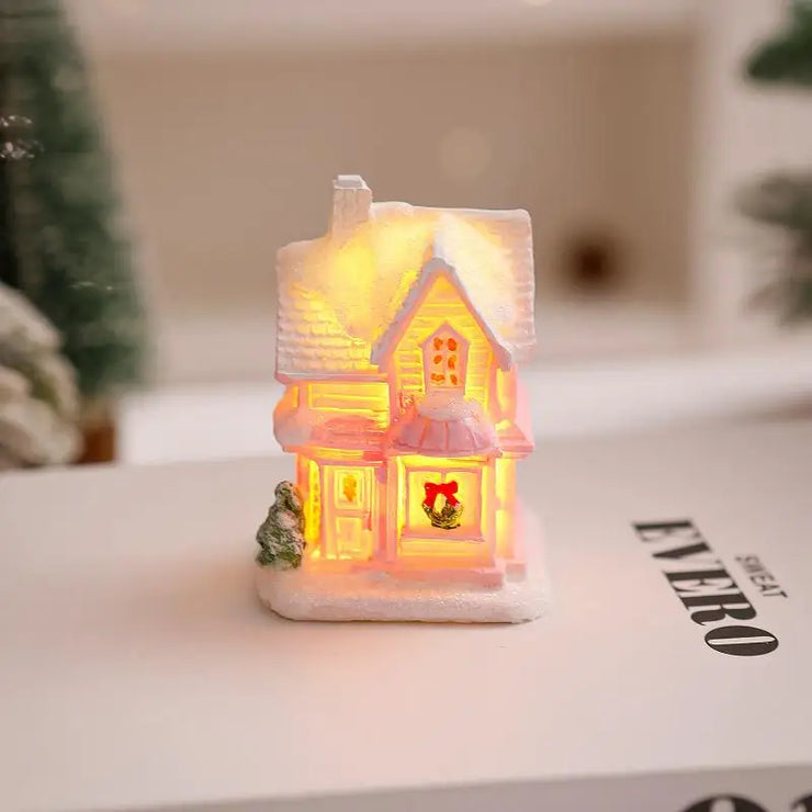Christmas Decorations Resin Small House Light Up Village House Figurines Cartoon Table Ornament For Holiday Gift Cute Christmas